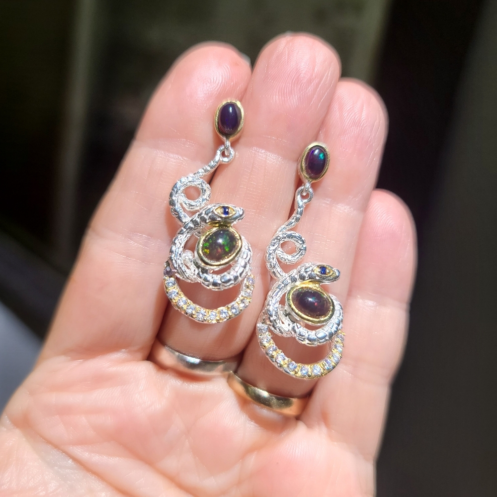 Black Opal sapphire &Topaz Sterling &Gold serpent 🐍 earrings - Picture 3 of 9